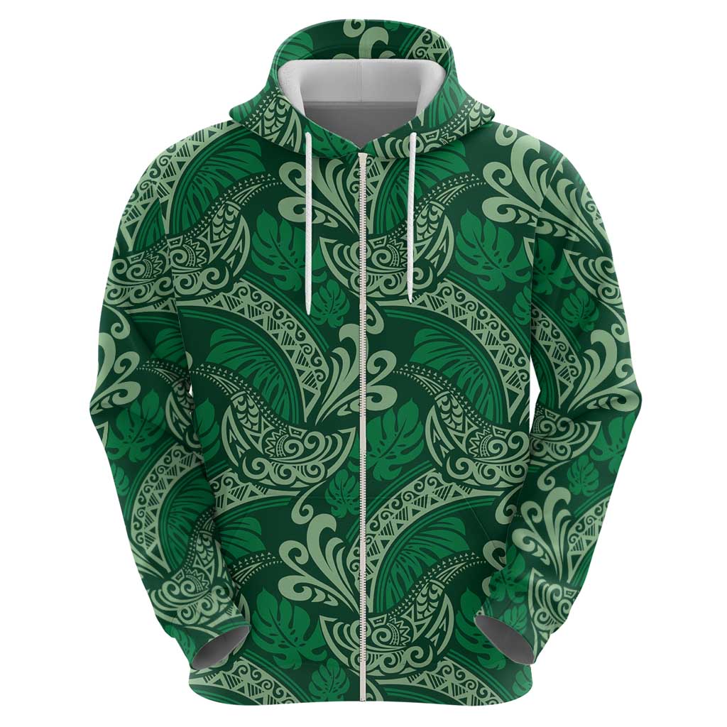 Forest Green Monstera Zip Hoodie Polynesian Tribal Pattern - Polynesian Pride