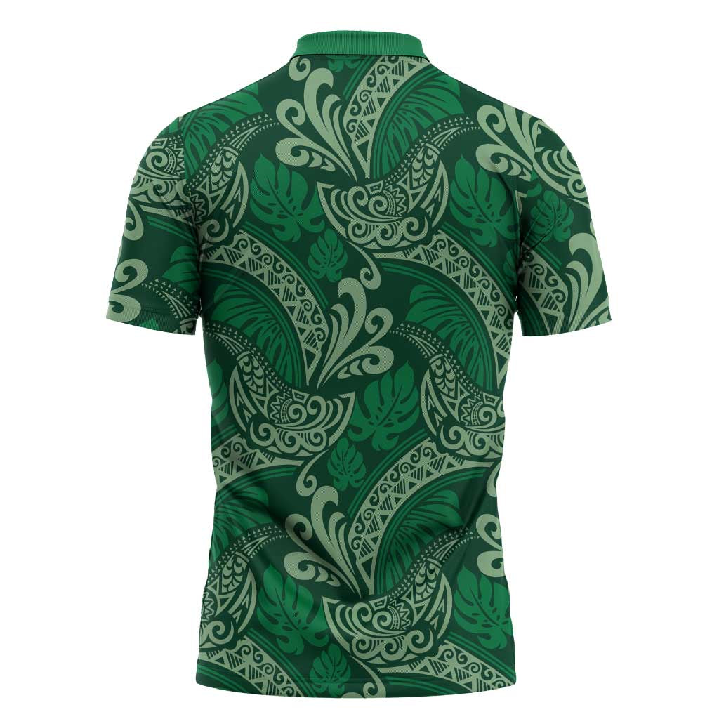 Forest Green Monstera Zipper Polo Shirt Polynesian Tribal Pattern - Polynesian Pride