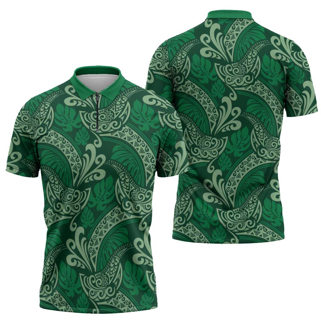 Forest Green Monstera Zipper Polo Shirt Polynesian Tribal Pattern - Polynesian Pride