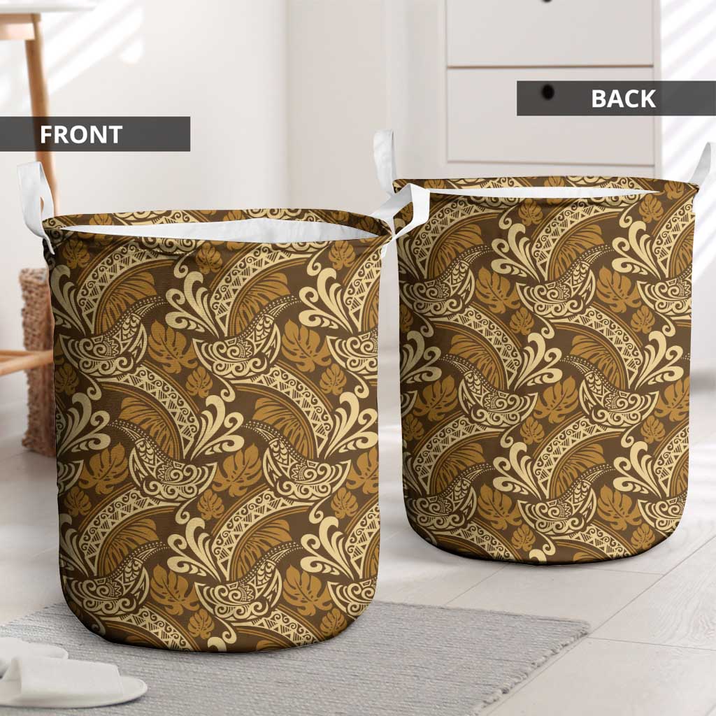 Brown Gold Monstera Laundry Basket Polynesian Tribal Pattern - Polynesian Pride