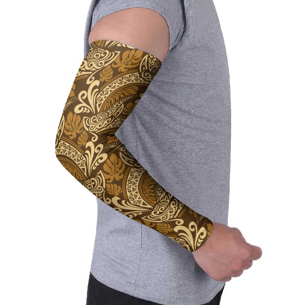 Brown Gold Monstera Arm Sleeves Polynesian Tribal Pattern - Polynesian Pride
