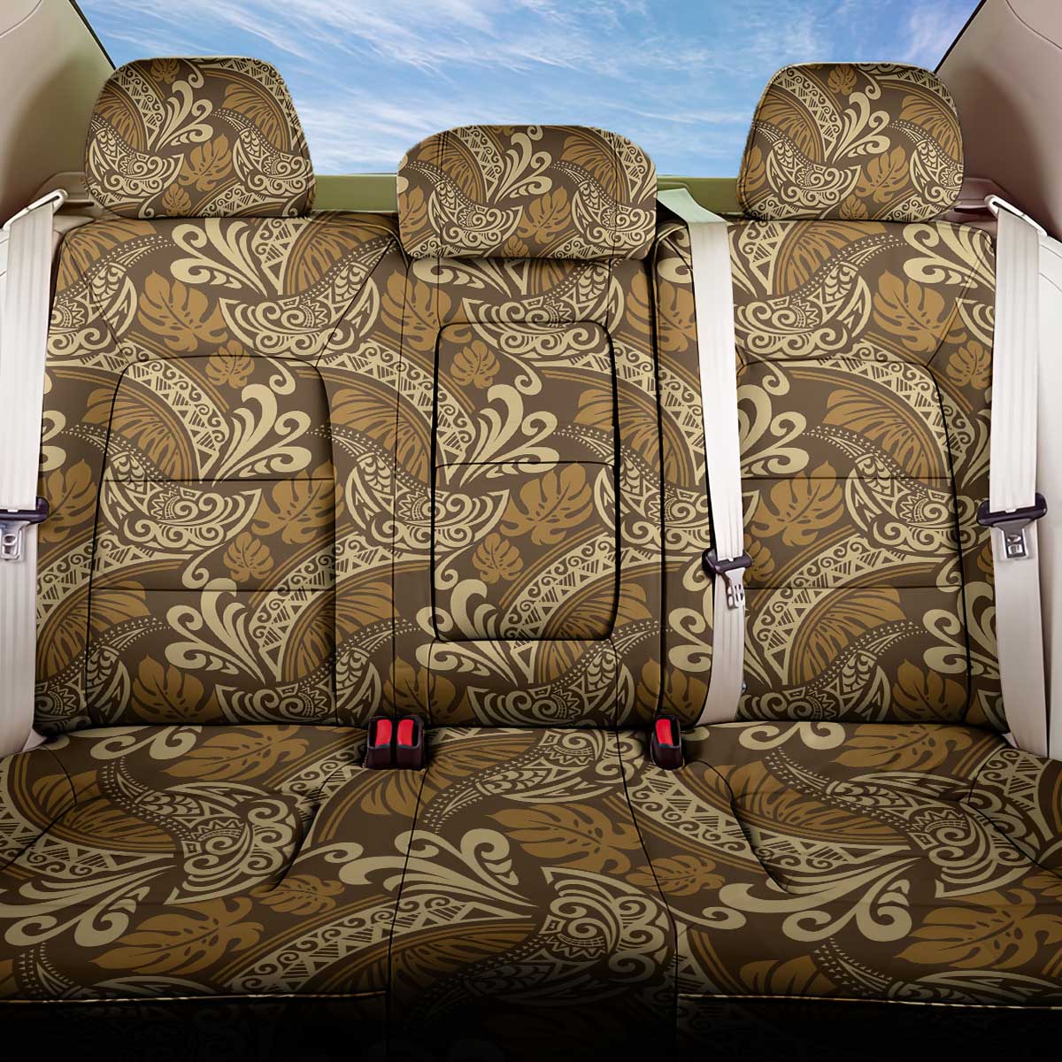 Brown Gold Monstera Back Car Seat Cover Polynesian Tribal Pattern - Polynesian Pride