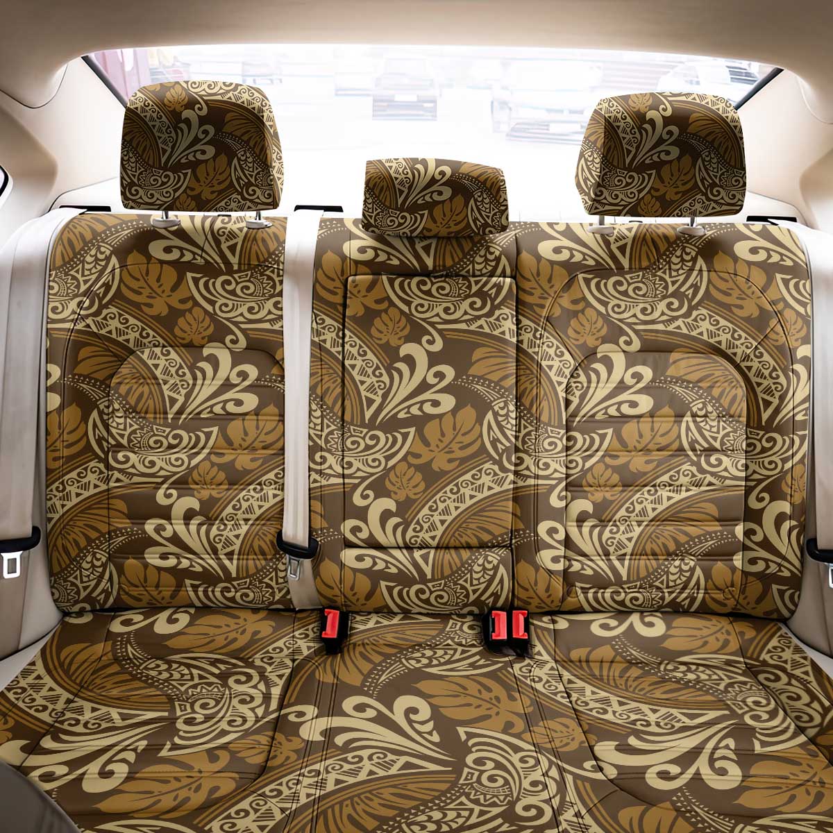 Brown Gold Monstera Back Car Seat Cover Polynesian Tribal Pattern - Polynesian Pride