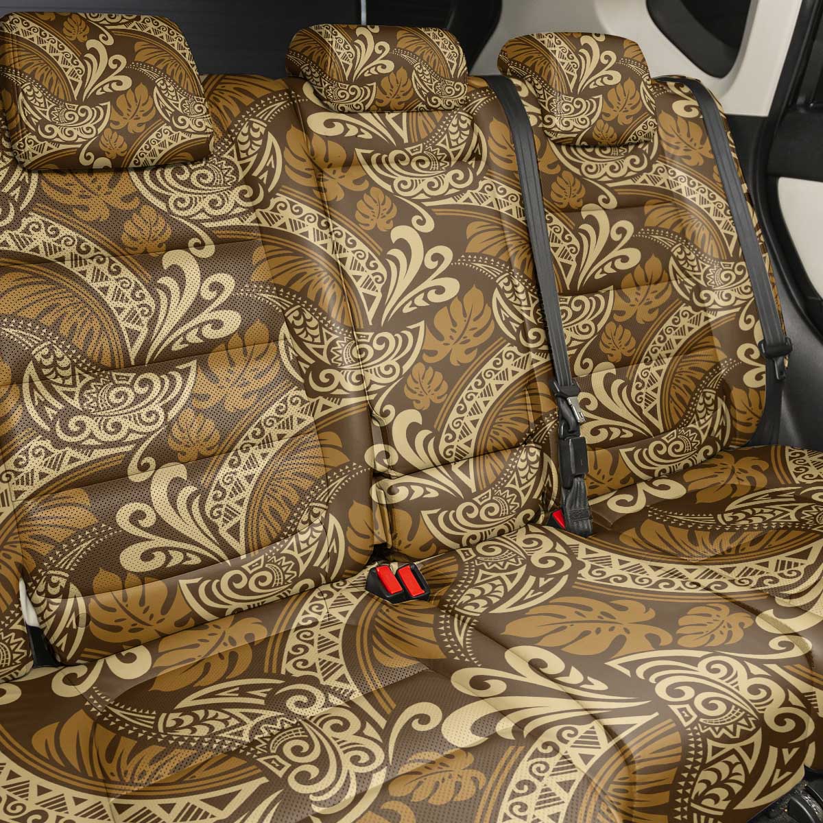 Brown Gold Monstera Back Car Seat Cover Polynesian Tribal Pattern - Polynesian Pride