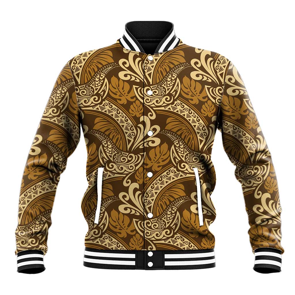 Brown Gold Monstera Baseball Jacket Polynesian Tribal Pattern - Polynesian Pride