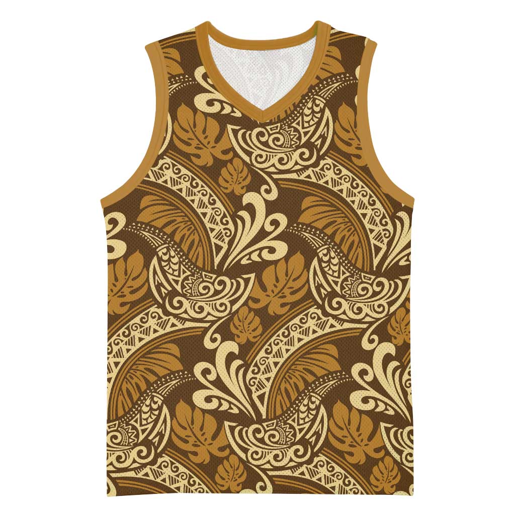 Brown Gold Monstera Basketball Jersey Polynesian Tribal Pattern - Polynesian Pride