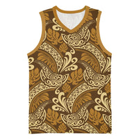 Brown Gold Monstera Basketball Jersey Polynesian Tribal Pattern - Polynesian Pride