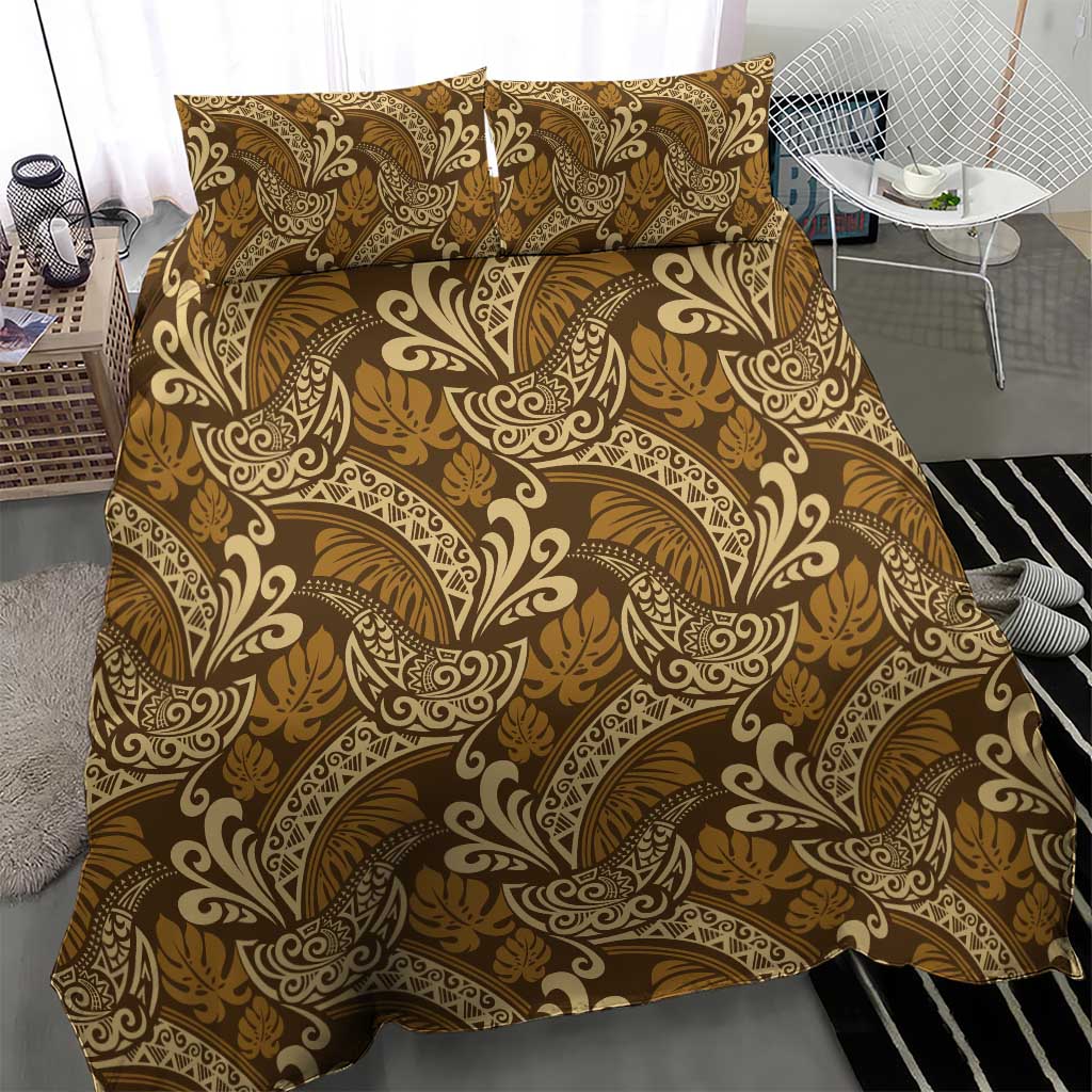Brown Gold Monstera Bedding Set Polynesian Tribal Pattern - Polynesian Pride