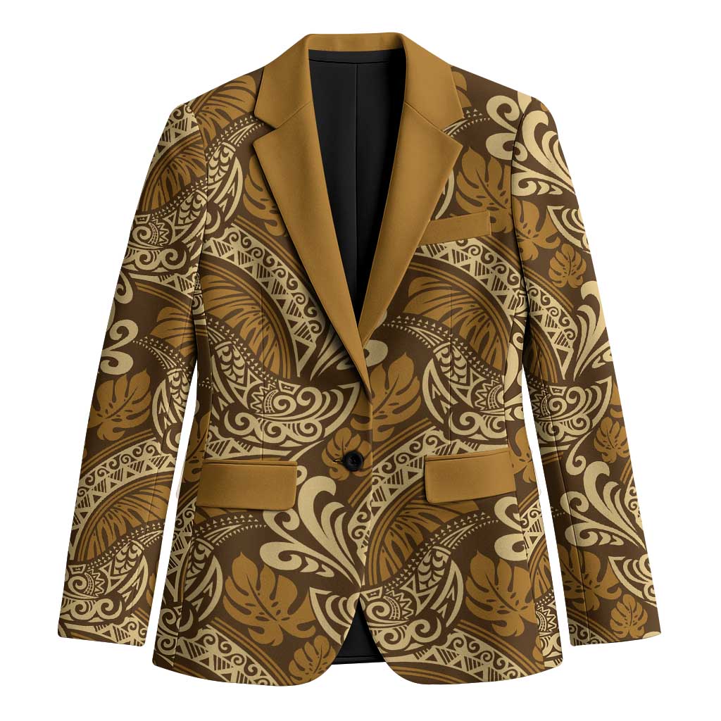 Brown Gold Monstera Blazer Polynesian Tribal Pattern - Polynesian Pride