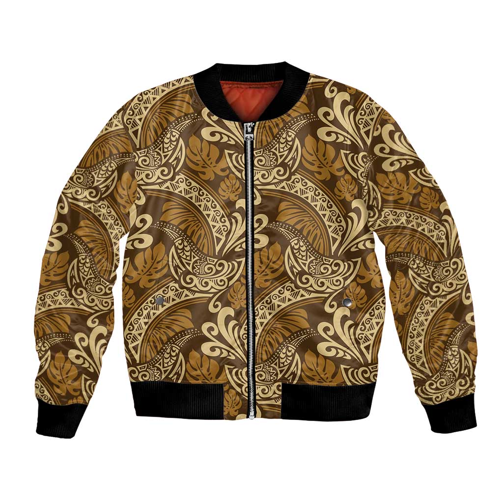 Brown Gold Monstera Bomber Jacket Polynesian Tribal Pattern - Polynesian Pride