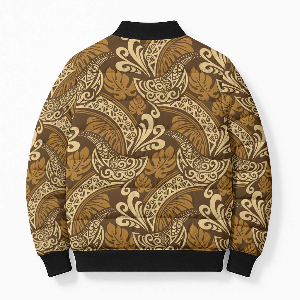 Brown Gold Monstera Bomber Puffer Jacket Polynesian Tribal Pattern - Polynesian Pride
