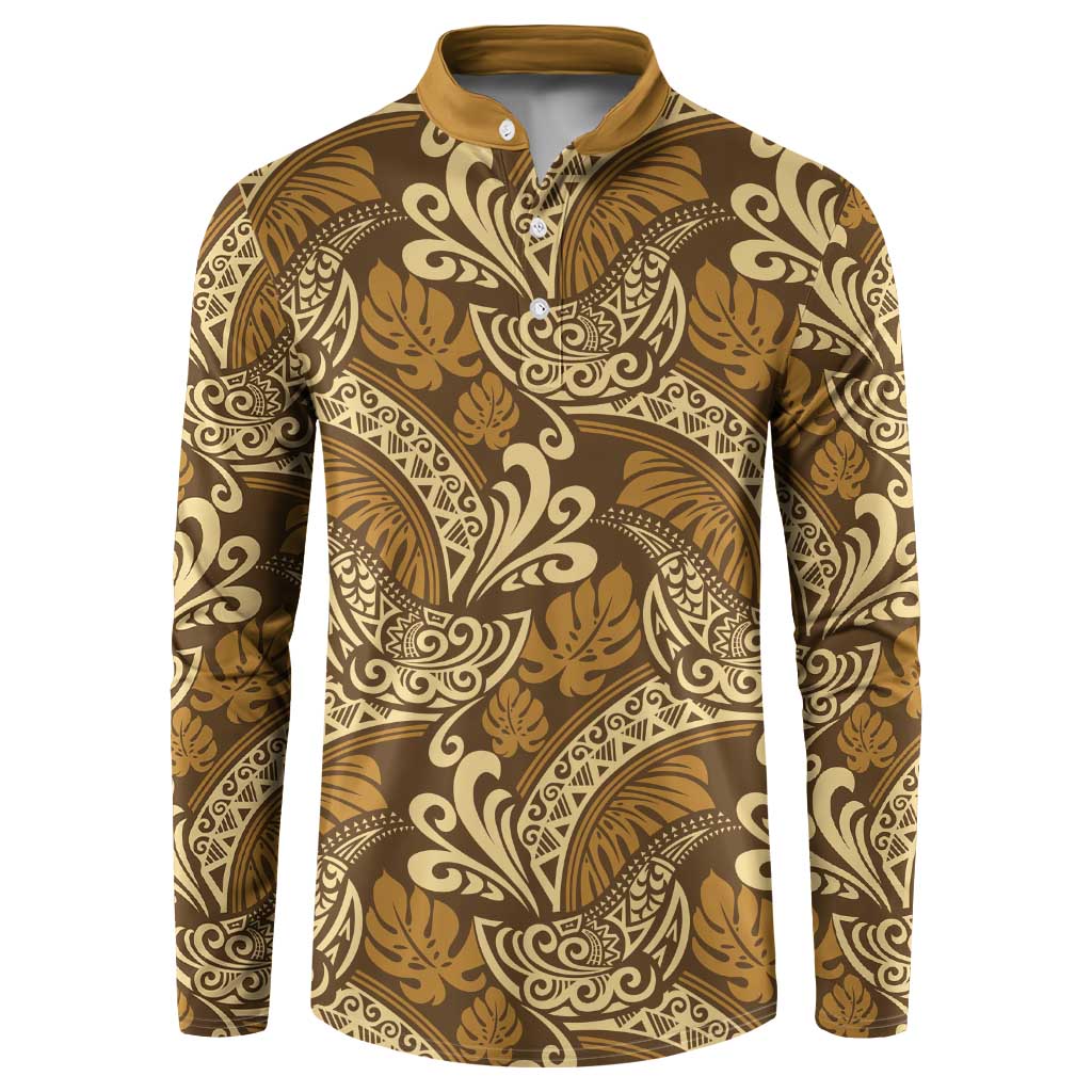 Brown Gold Monstera Button Sweatshirt Polynesian Tribal Pattern - Polynesian Pride