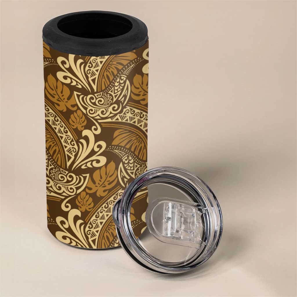 Brown Gold Monstera 4 in 1 Can Cooler Tumbler Polynesian Tribal Pattern - Polynesian Pride