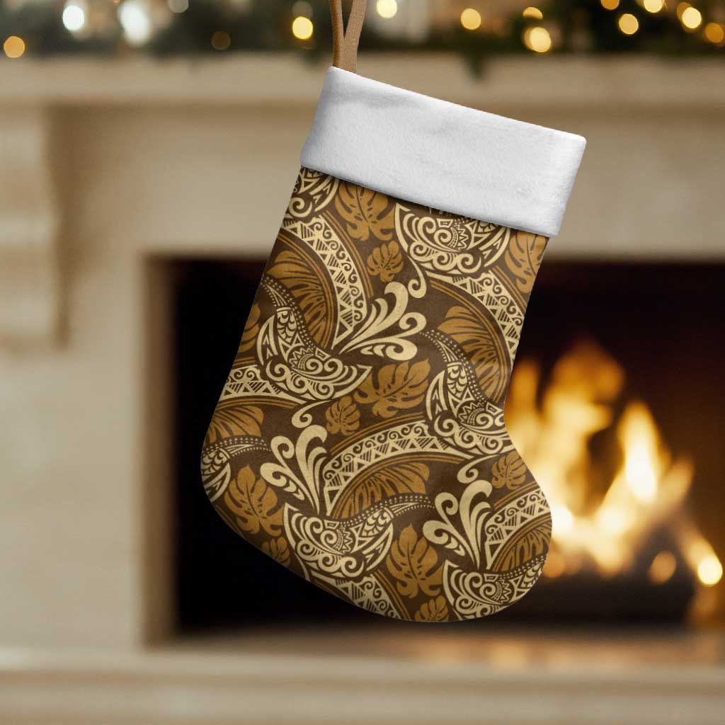Brown Gold Monstera Christmas Stocking Polynesian Tribal Pattern - Polynesian Pride