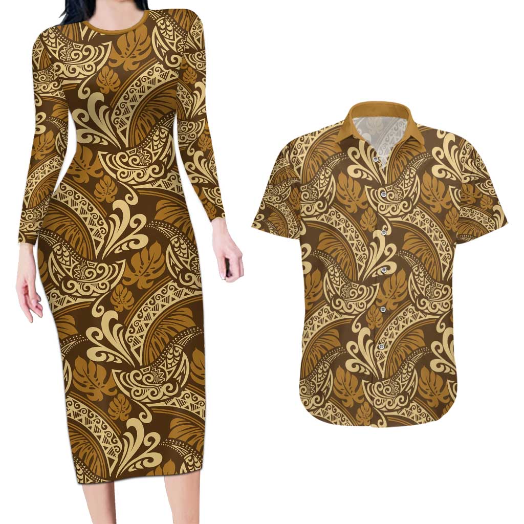 Brown Gold Monstera Couples Matching Long Sleeve Bodycon Dress and Hawaiian Shirt Polynesian Tribal Pattern - Polynesian Pride