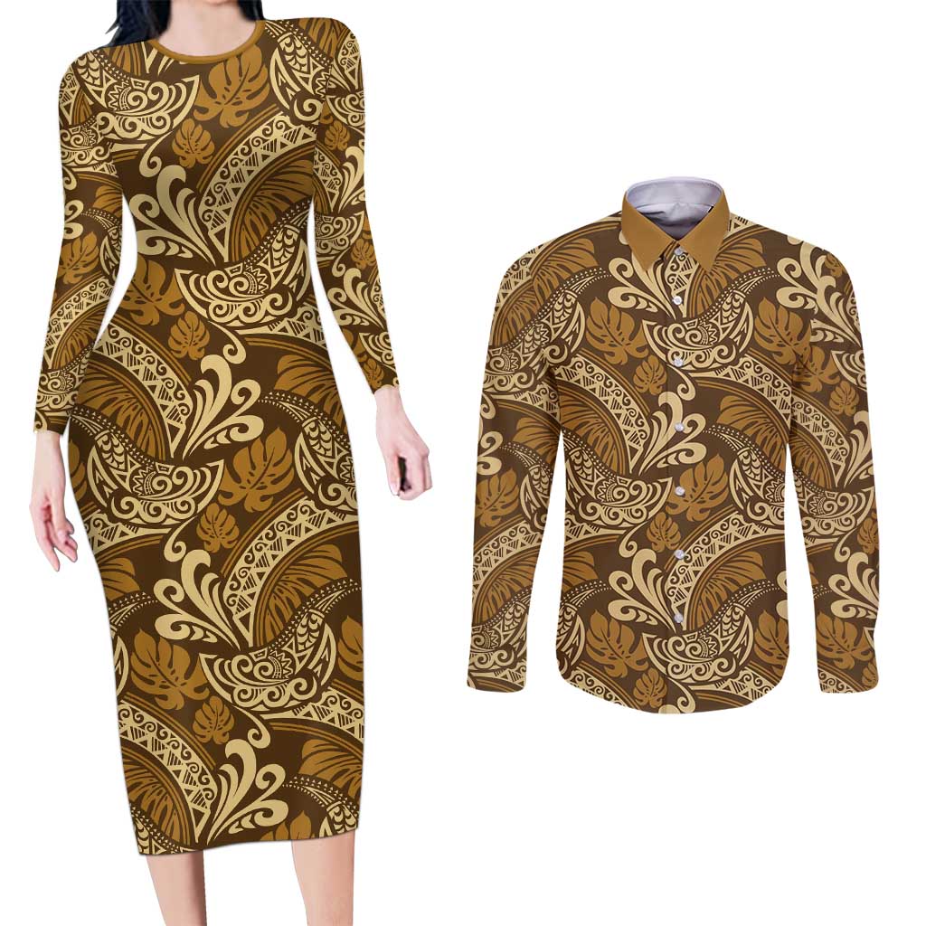 Brown Gold Monstera Couples Matching Long Sleeve Bodycon Dress and Long Sleeve Button Shirt Polynesian Tribal Pattern - Polynesian Pride