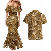 Brown Gold Monstera Couples Matching Mermaid Dress and Hawaiian Shirt Polynesian Tribal Pattern - Polynesian Pride