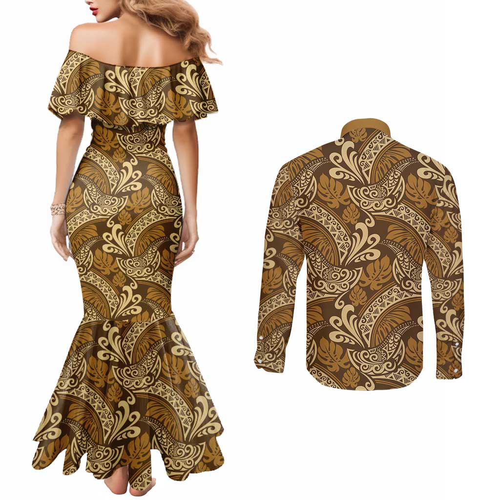 Brown Gold Monstera Couples Matching Mermaid Dress and Long Sleeve Button Shirt Polynesian Tribal Pattern - Polynesian Pride