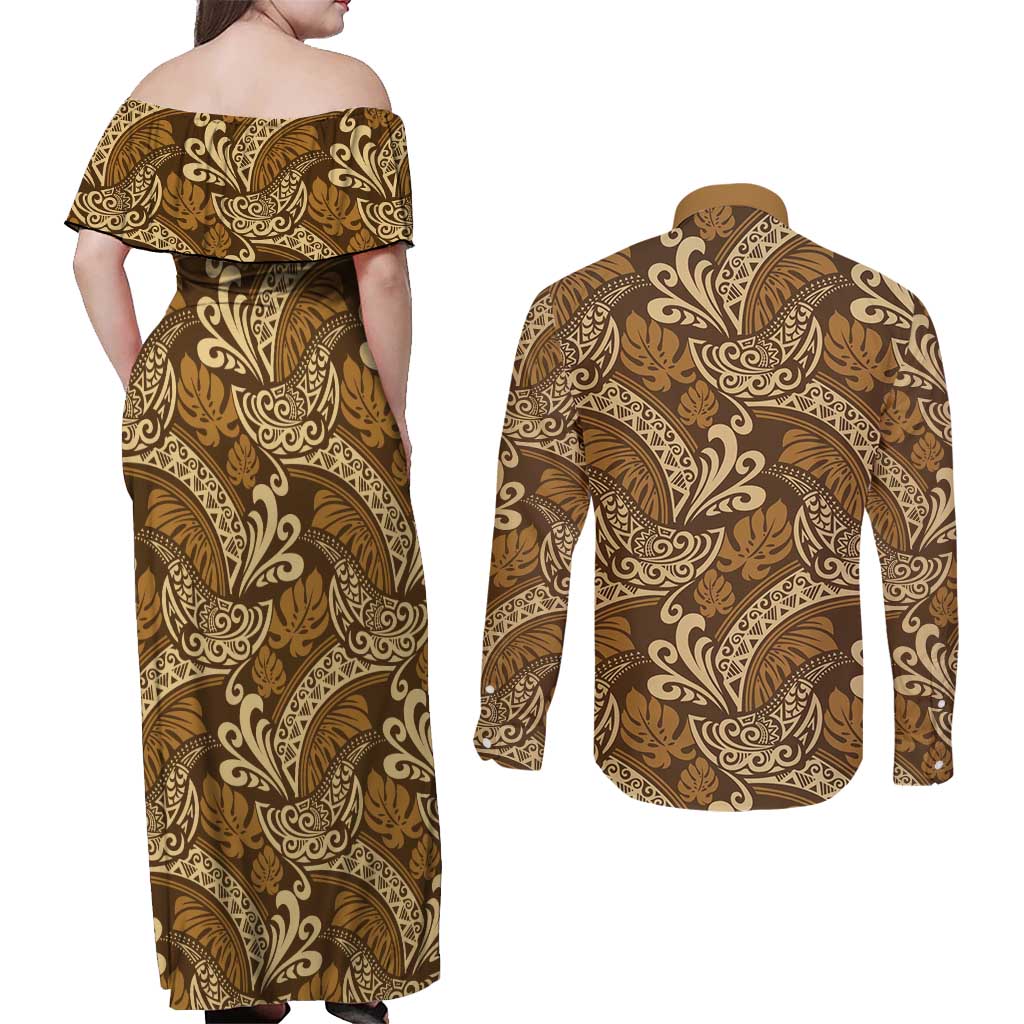 Brown Gold Monstera Couples Matching Off Shoulder Maxi Dress and Long Sleeve Button Shirt Polynesian Tribal Pattern - Polynesian Pride