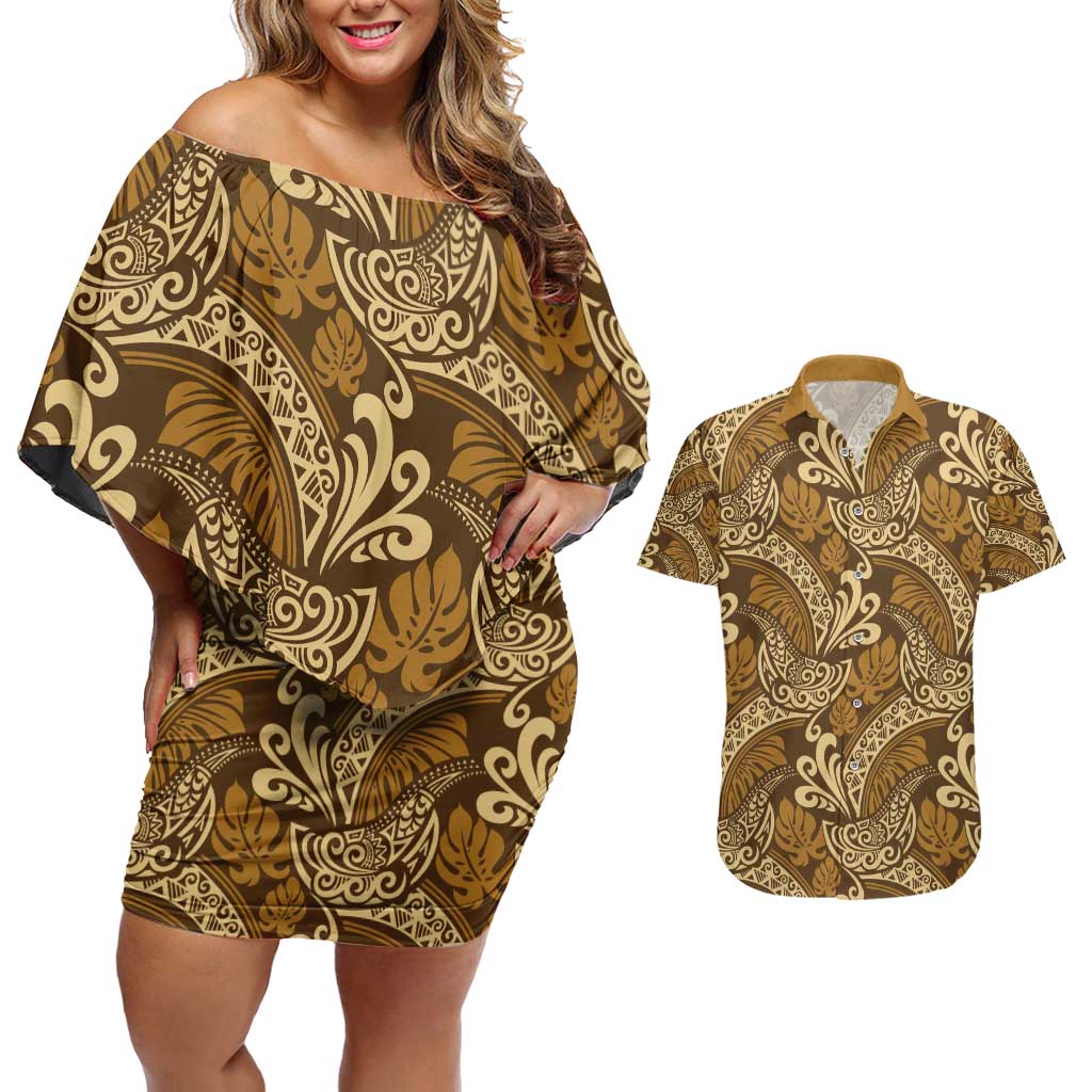 Brown Gold Monstera Couples Matching Off Shoulder Short Dress and Hawaiian Shirt Polynesian Tribal Pattern - Polynesian Pride