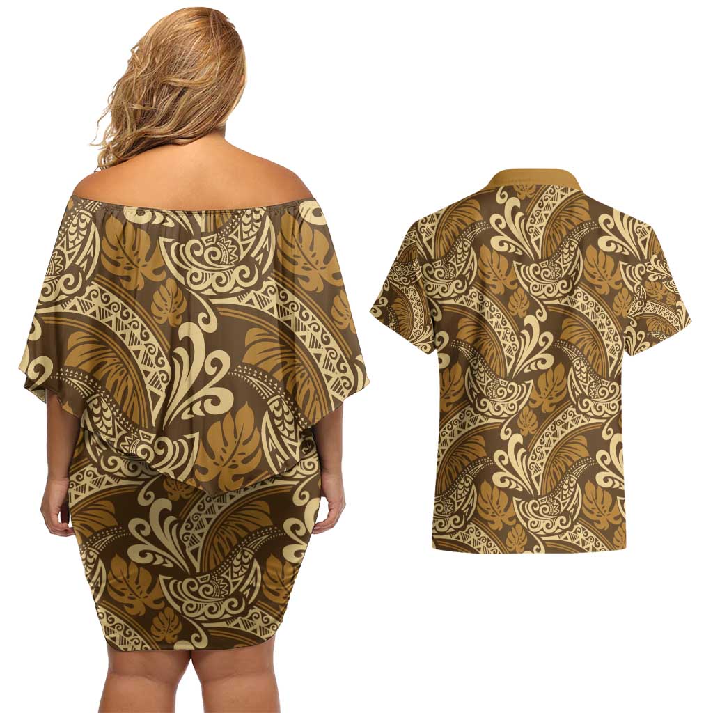 Brown Gold Monstera Couples Matching Off Shoulder Short Dress and Hawaiian Shirt Polynesian Tribal Pattern - Polynesian Pride