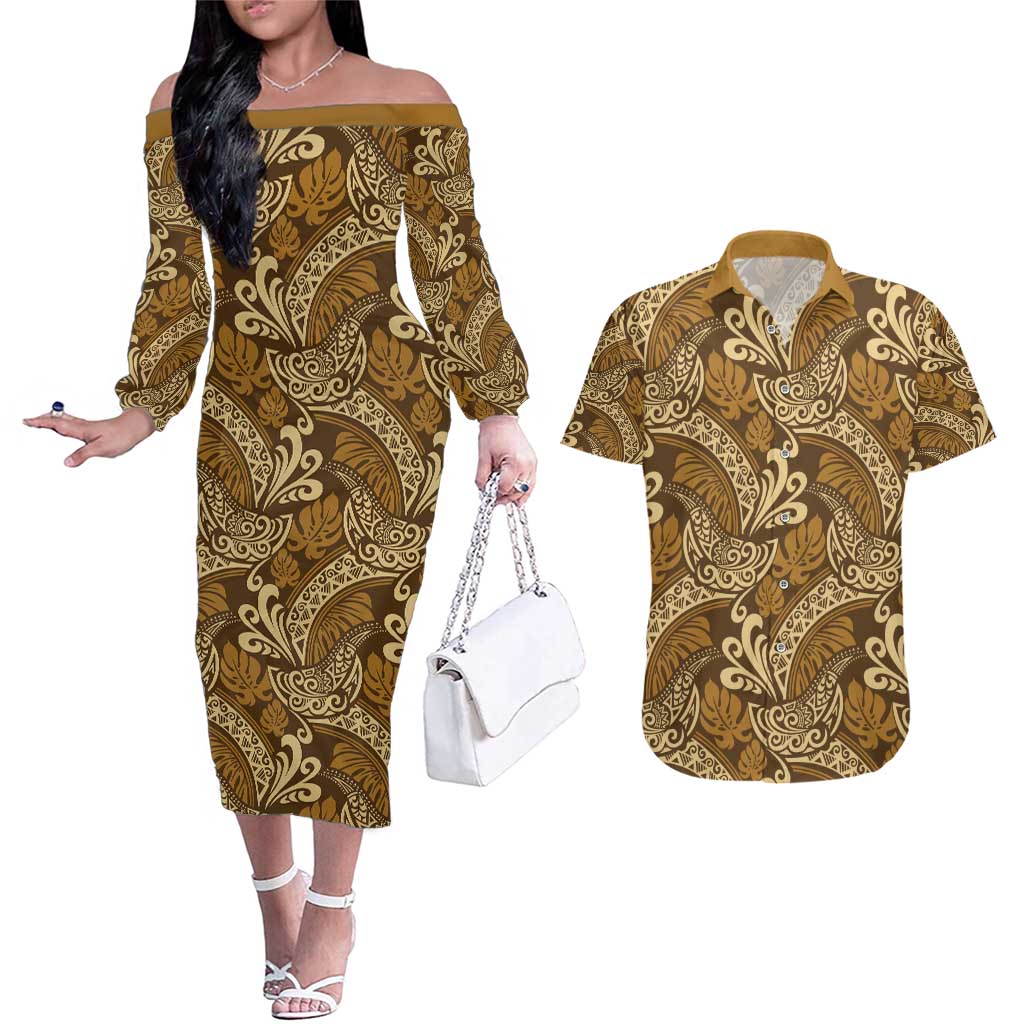 Brown Gold Monstera Couples Matching Off The Shoulder Long Sleeve Dress and Hawaiian Shirt Polynesian Tribal Pattern - Polynesian Pride