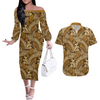 Brown Gold Monstera Couples Matching Off The Shoulder Long Sleeve Dress and Hawaiian Shirt Polynesian Tribal Pattern - Polynesian Pride