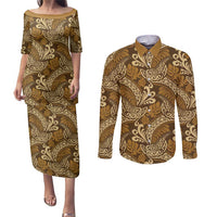 Brown Gold Monstera Couples Matching Puletasi and Long Sleeve Button Shirt Polynesian Tribal Pattern - Polynesian Pride