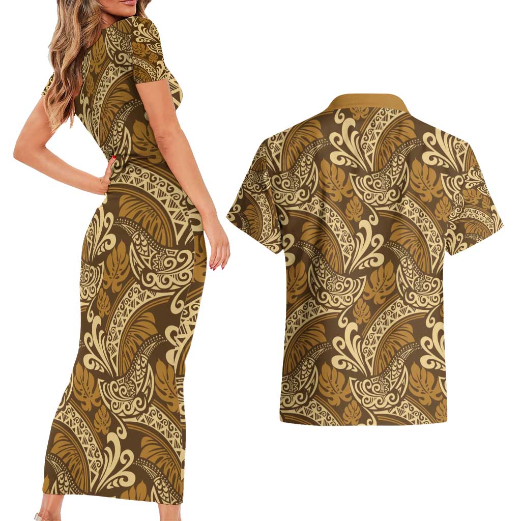 Brown Gold Monstera Couples Matching Short Sleeve Bodycon Dress and Hawaiian Shirt Polynesian Tribal Pattern - Polynesian Pride