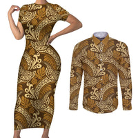 Brown Gold Monstera Couples Matching Short Sleeve Bodycon Dress and Long Sleeve Button Shirt Polynesian Tribal Pattern - Polynesian Pride