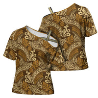 Brown Gold Monstera Cross Shoulder Shirt Polynesian Tribal Pattern - Polynesian Pride