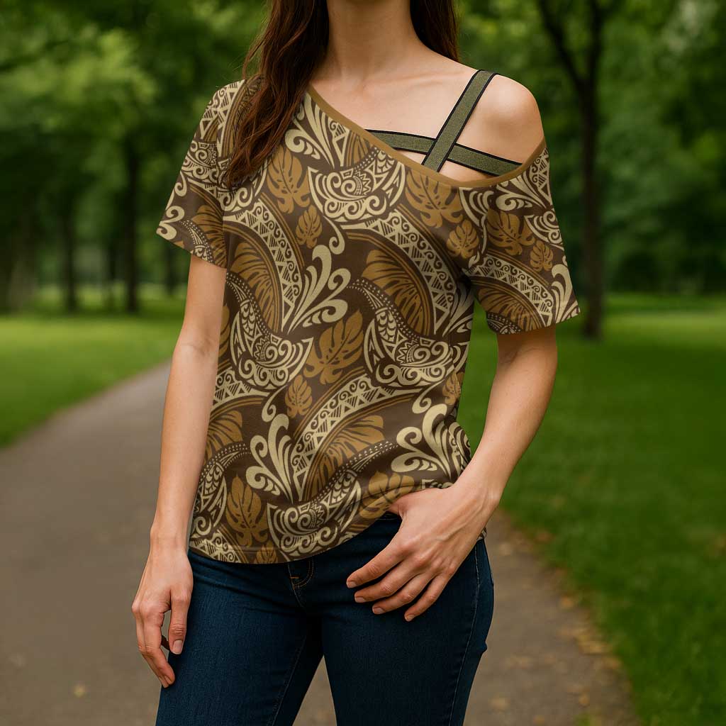 Brown Gold Monstera Cross Shoulder Shirt Polynesian Tribal Pattern - Polynesian Pride