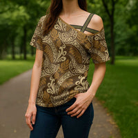 Brown Gold Monstera Cross Shoulder Shirt Polynesian Tribal Pattern - Polynesian Pride