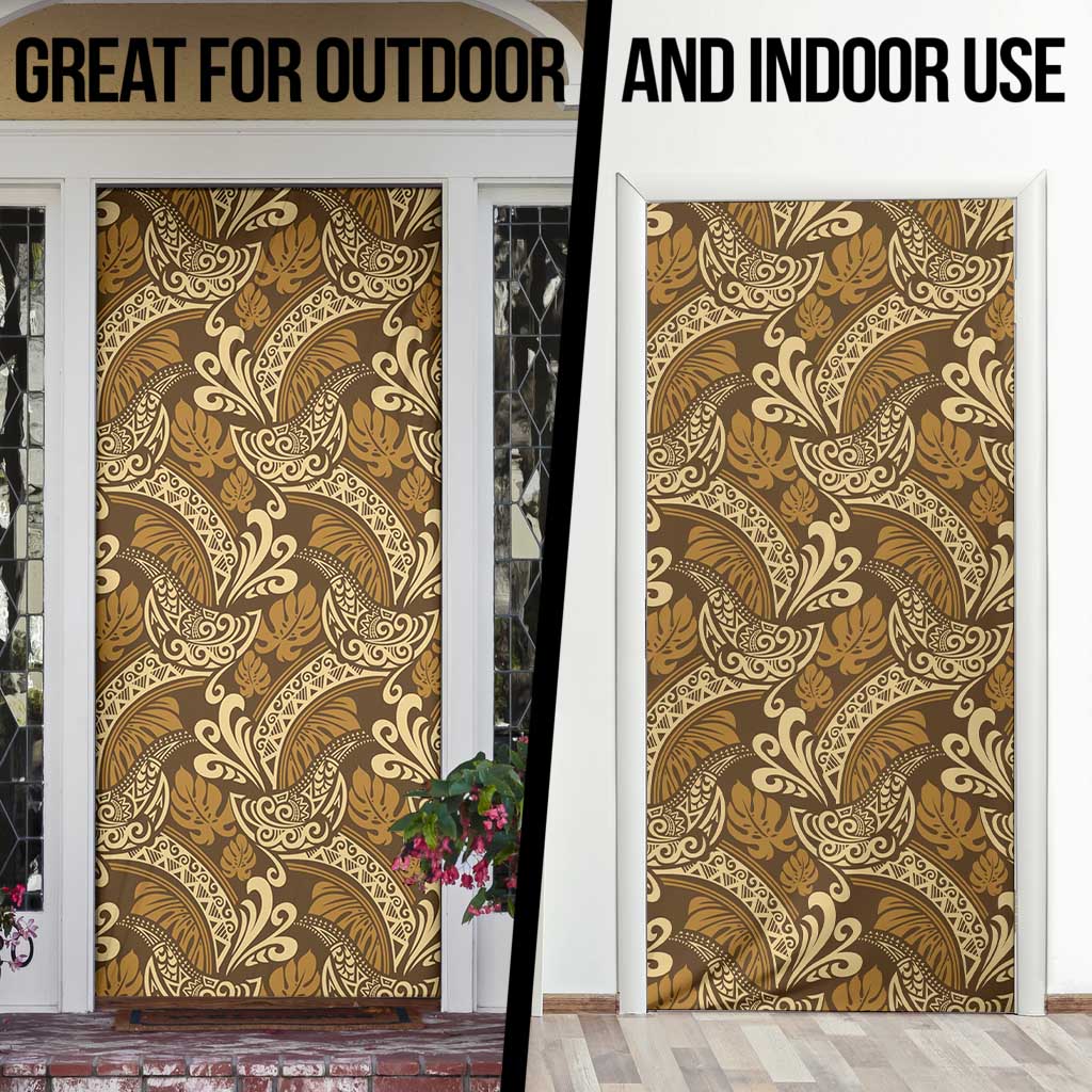 Brown Gold Monstera Door Cover Polynesian Tribal Pattern - Polynesian Pride