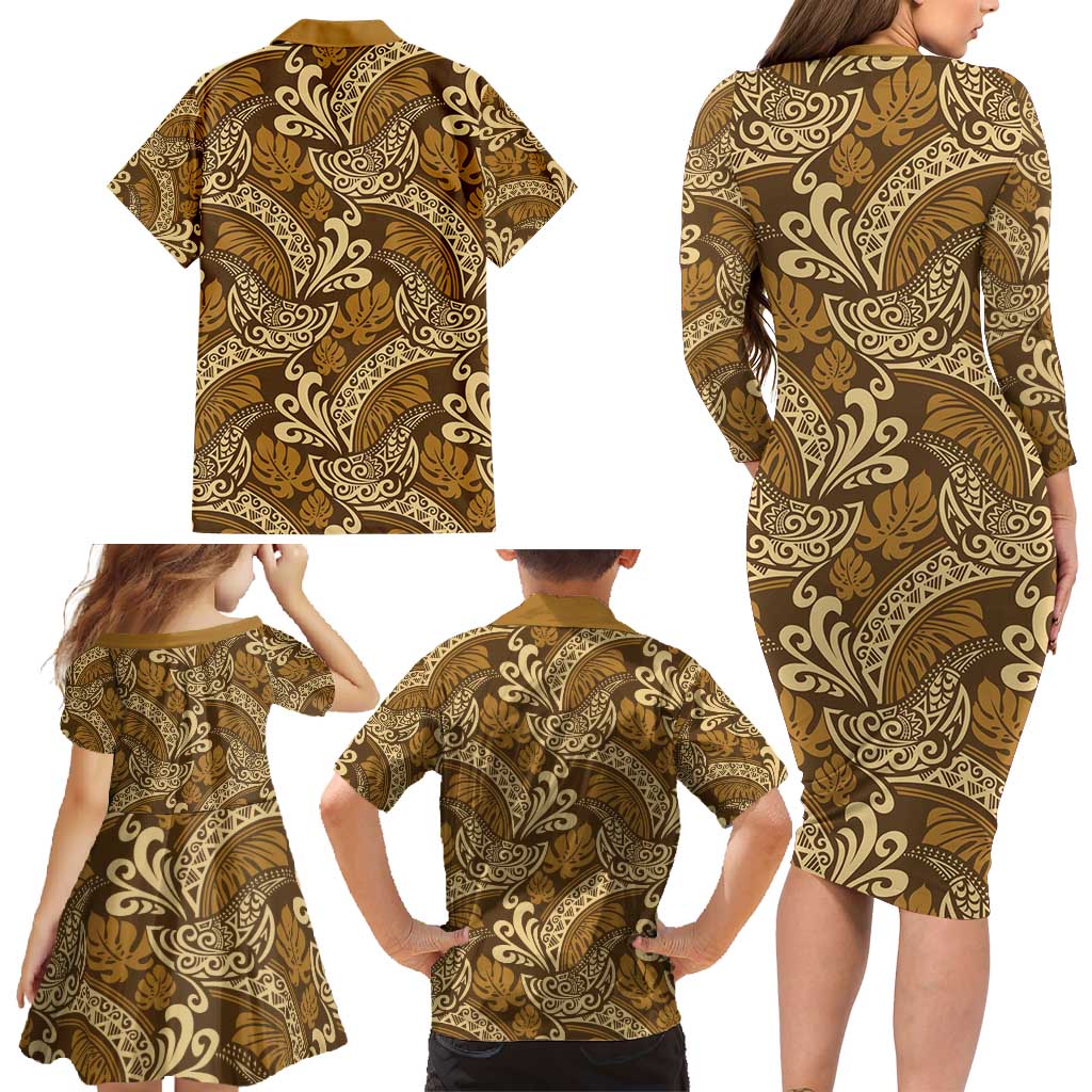 Brown Gold Monstera Family Matching Long Sleeve Bodycon Dress and Hawaiian Shirt Polynesian Tribal Pattern - Polynesian Pride