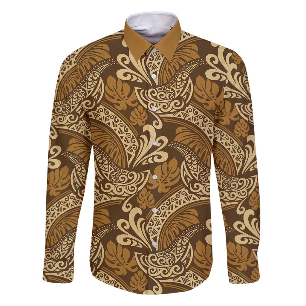 Brown Gold Monstera Family Matching Long Sleeve Bodycon Dress and Hawaiian Shirt Polynesian Tribal Pattern - Polynesian Pride