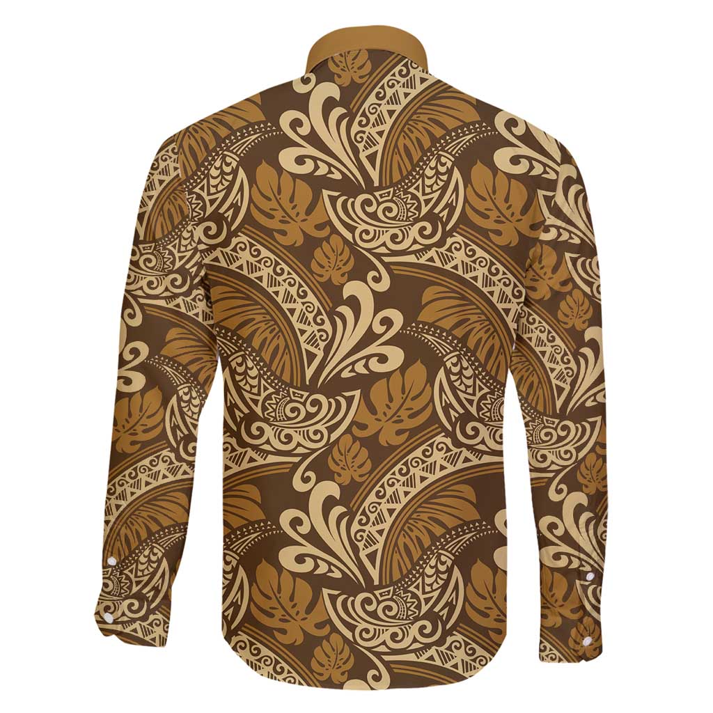 Brown Gold Monstera Family Matching Long Sleeve Bodycon Dress and Hawaiian Shirt Polynesian Tribal Pattern - Polynesian Pride