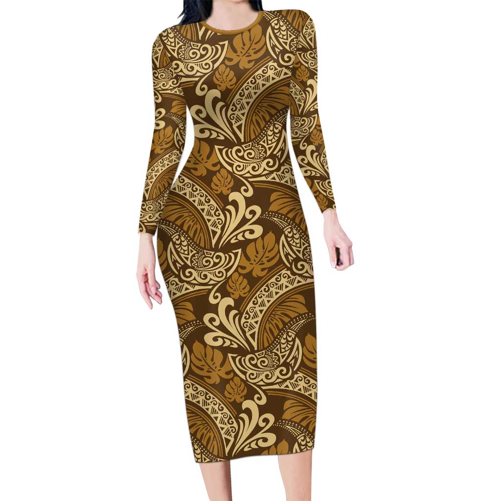 Brown Gold Monstera Family Matching Long Sleeve Bodycon Dress and Hawaiian Shirt Polynesian Tribal Pattern - Polynesian Pride