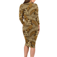 Brown Gold Monstera Family Matching Long Sleeve Bodycon Dress and Hawaiian Shirt Polynesian Tribal Pattern - Polynesian Pride