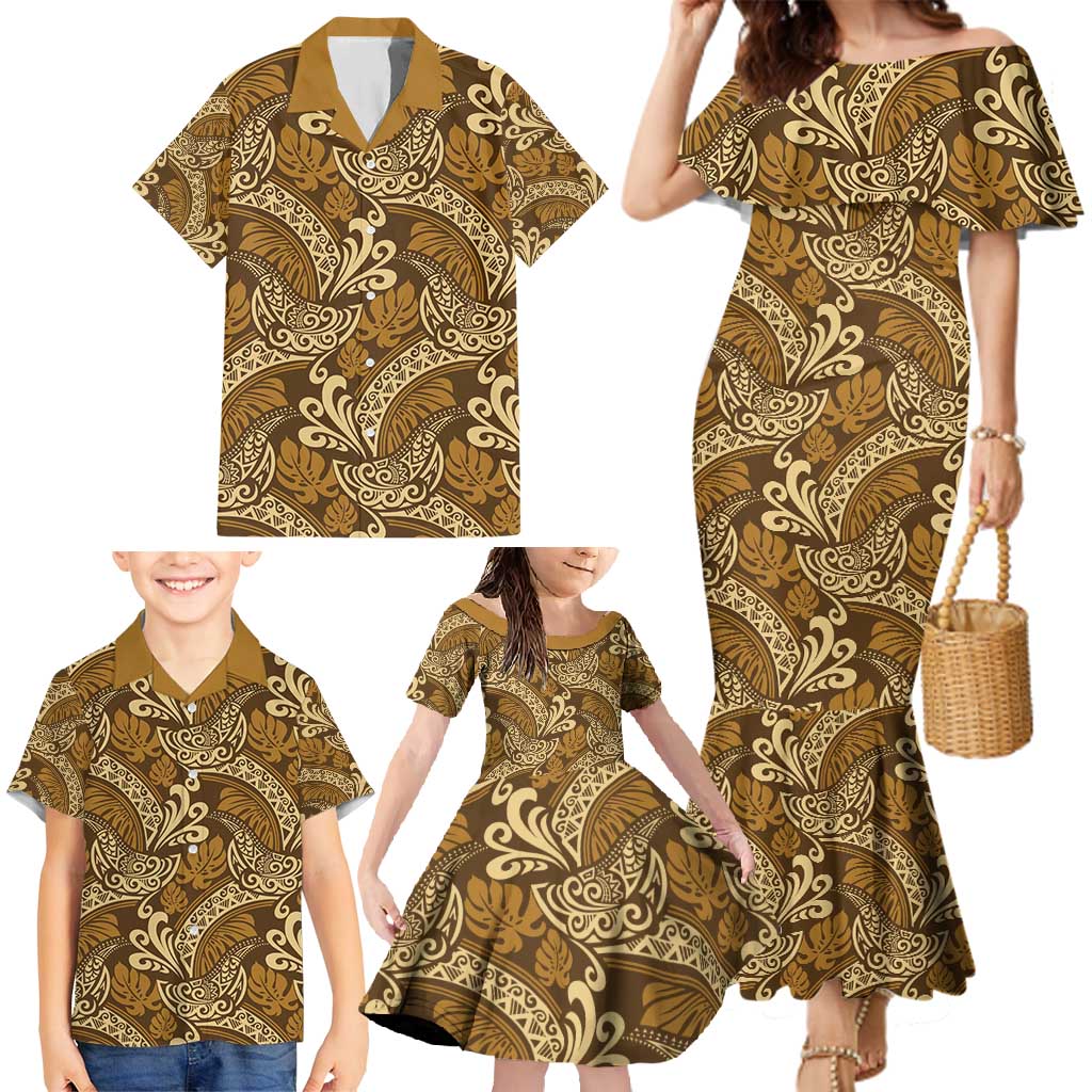 Brown Gold Monstera Family Matching Mermaid Dress and Hawaiian Shirt Polynesian Tribal Pattern - Polynesian Pride