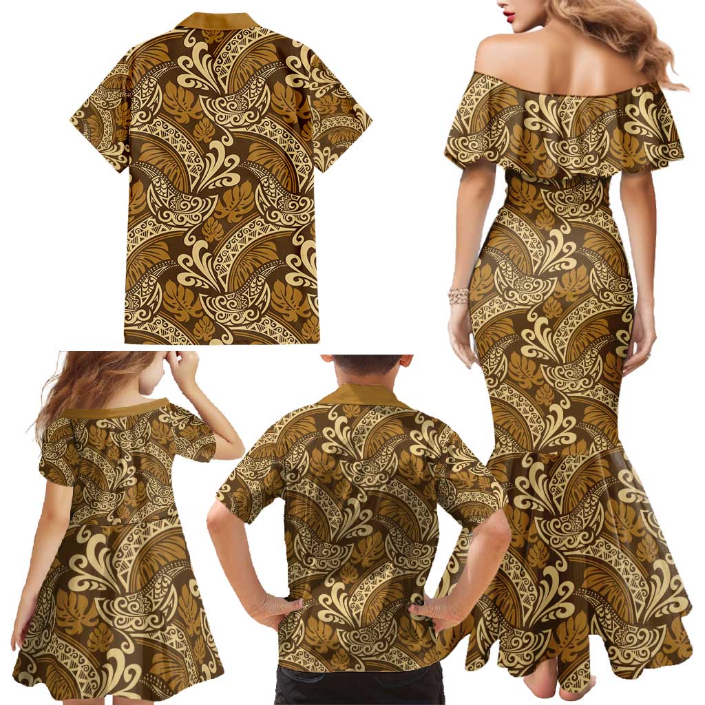 Brown Gold Monstera Family Matching Mermaid Dress and Hawaiian Shirt Polynesian Tribal Pattern - Polynesian Pride