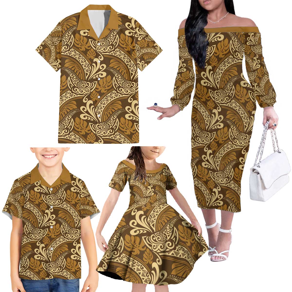 Brown Gold Monstera Family Matching Off The Shoulder Long Sleeve Dress and Hawaiian Shirt Polynesian Tribal Pattern - Polynesian Pride