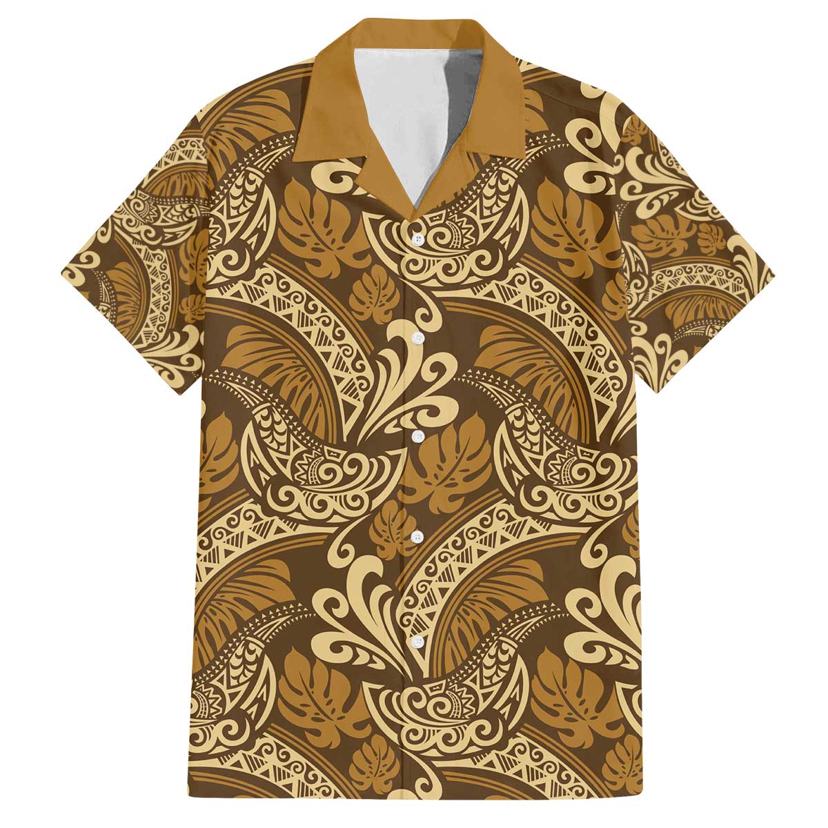 Brown Gold Monstera Family Matching Off The Shoulder Long Sleeve Dress and Hawaiian Shirt Polynesian Tribal Pattern - Polynesian Pride