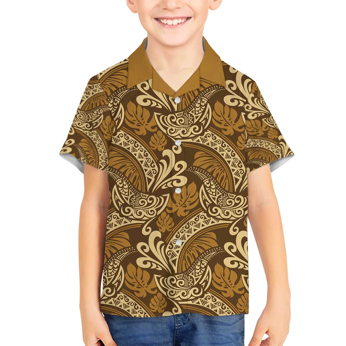 Brown Gold Monstera Family Matching Off The Shoulder Long Sleeve Dress and Hawaiian Shirt Polynesian Tribal Pattern - Polynesian Pride