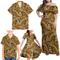 Brown Gold Monstera Family Matching Off Shoulder Maxi Dress and Hawaiian Shirt Polynesian Tribal Pattern - Polynesian Pride