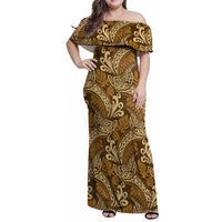 Brown Gold Monstera Family Matching Off Shoulder Maxi Dress and Hawaiian Shirt Polynesian Tribal Pattern - Polynesian Pride