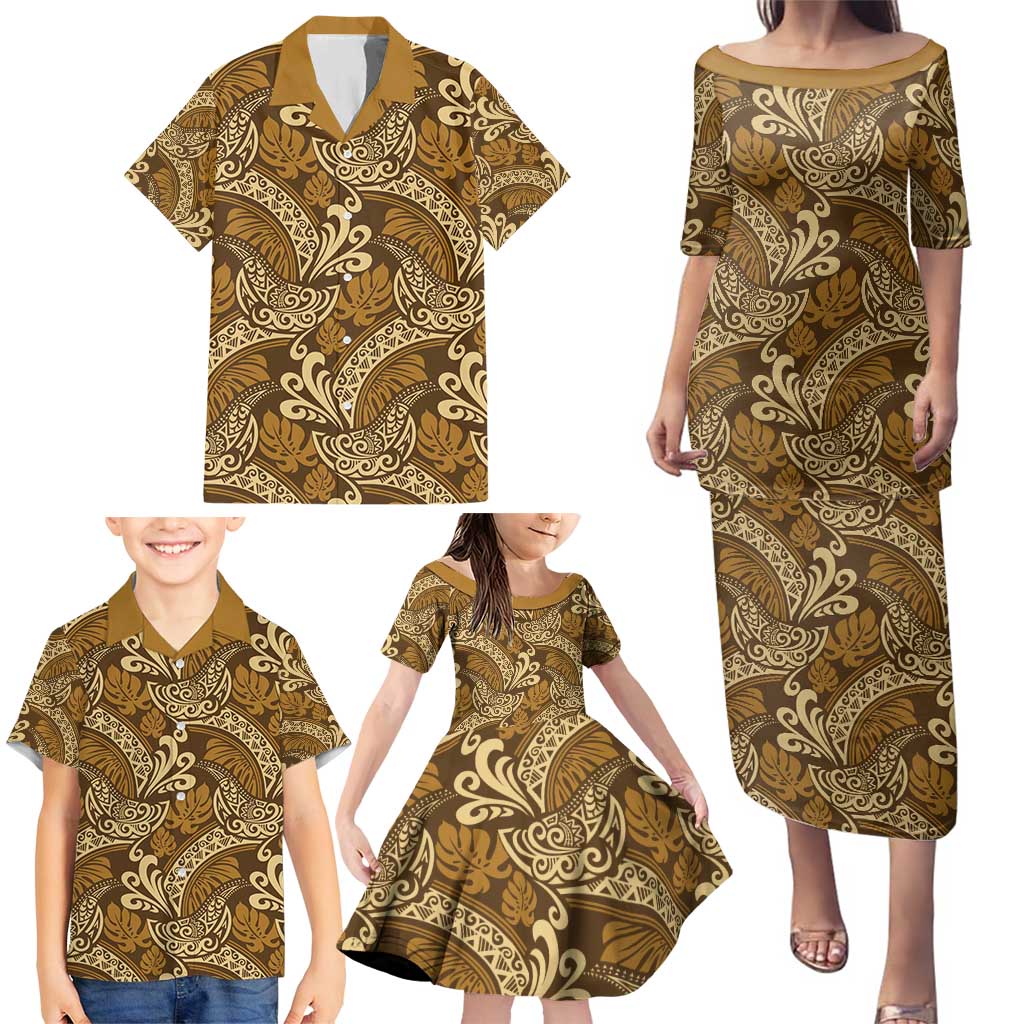 Brown Gold Monstera Family Matching Puletasi and Hawaiian Shirt Polynesian Tribal Pattern - Polynesian Pride