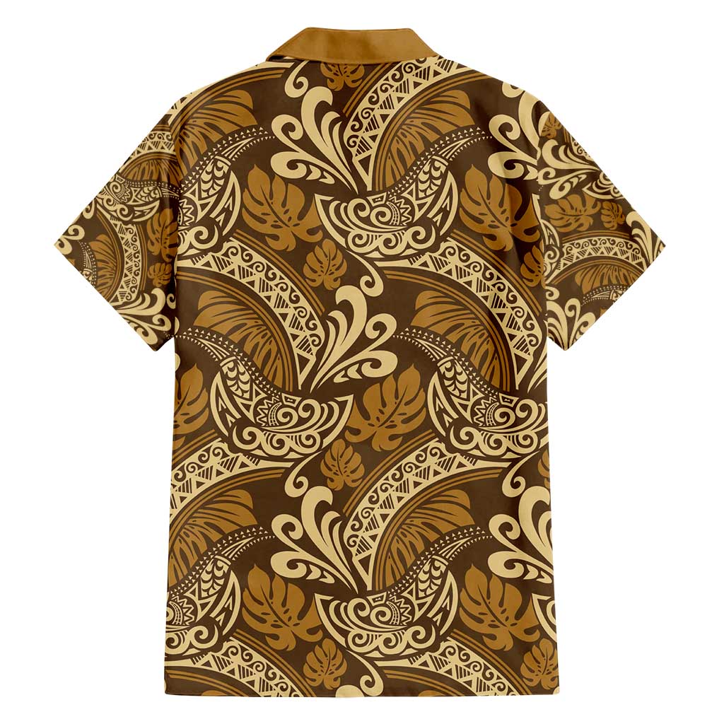 Brown Gold Monstera Family Matching Puletasi and Hawaiian Shirt Polynesian Tribal Pattern - Polynesian Pride