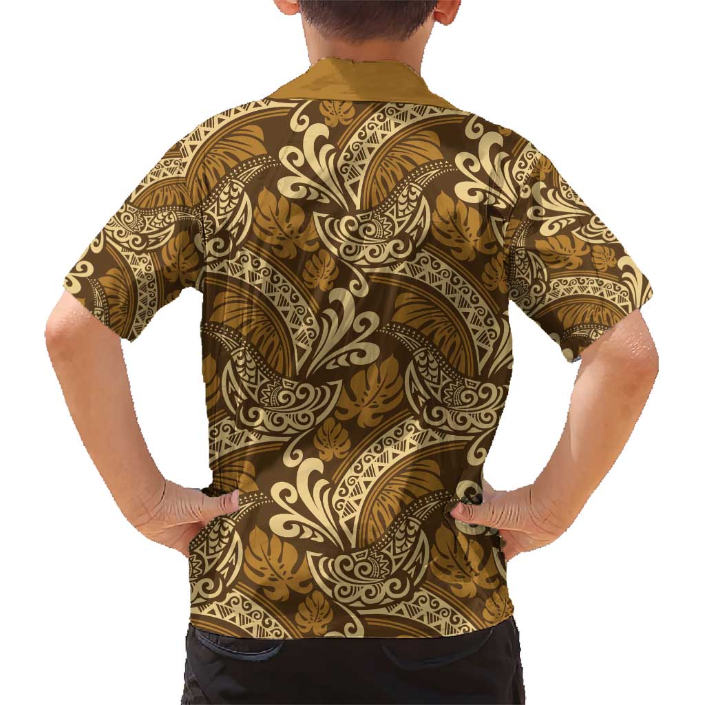 Brown Gold Monstera Family Matching Short Sleeve Bodycon Dress and Hawaiian Shirt Polynesian Tribal Pattern - Polynesian Pride