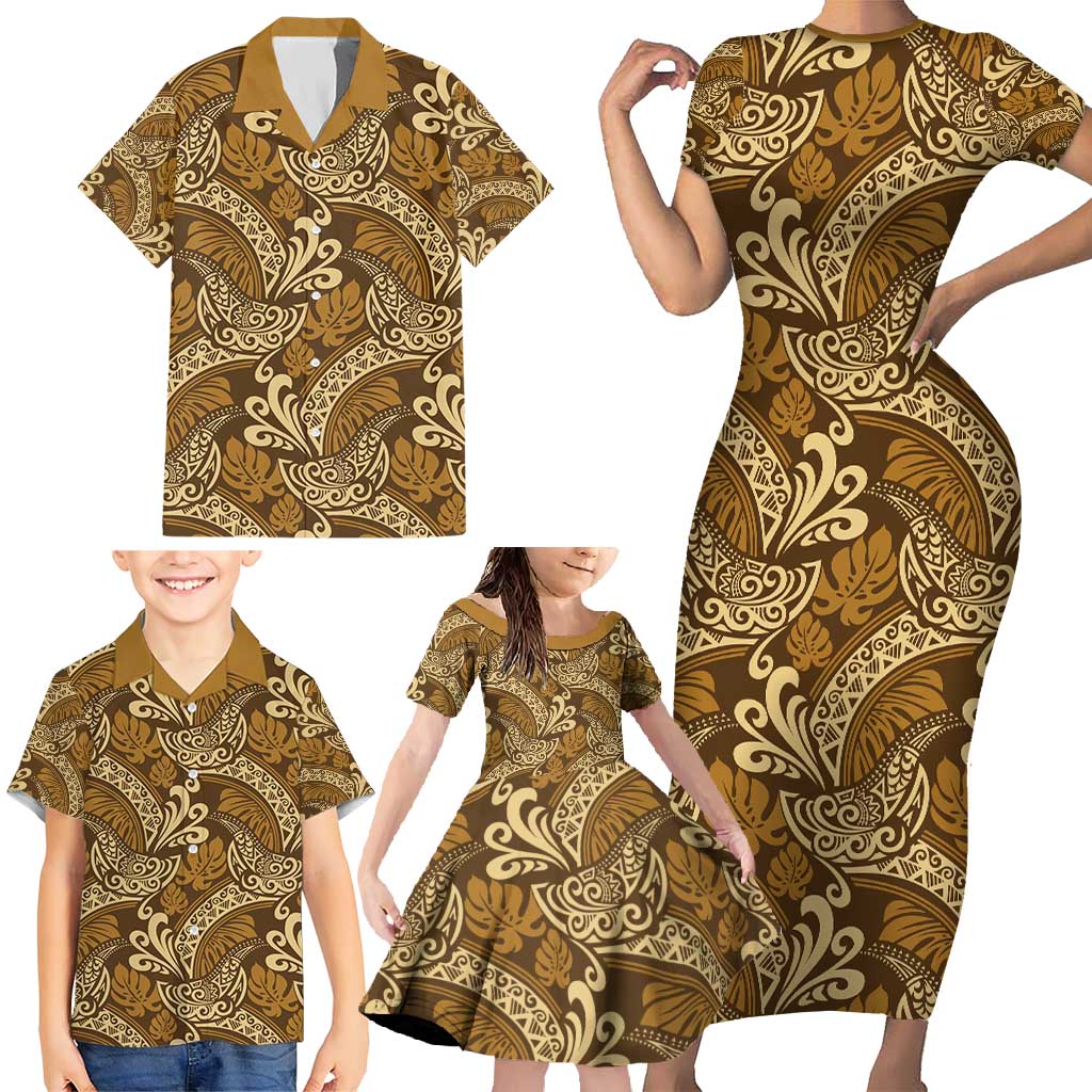 Brown Gold Monstera Family Matching Short Sleeve Bodycon Dress and Hawaiian Shirt Polynesian Tribal Pattern - Polynesian Pride